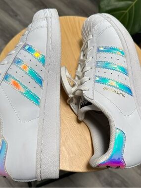adidas White Sneakers with Iridescent Blue-Green Stripes